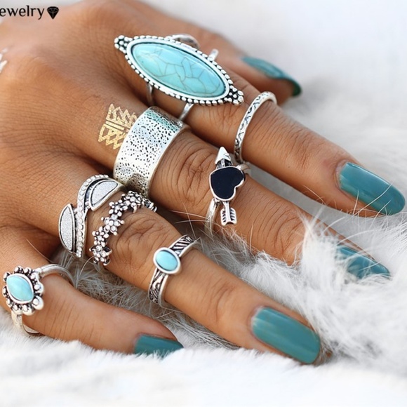 Bella Smyle Jewelry Rs3 8pcs Boho Silver Ring Set Turquoise Stones